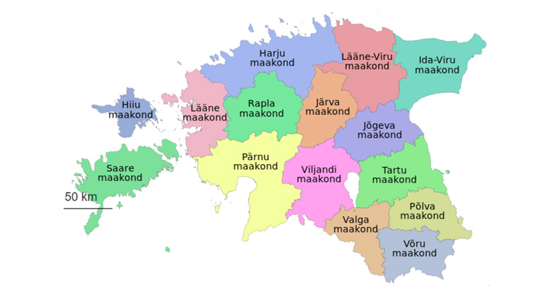Stylized, colorful map showing counties of Estonia