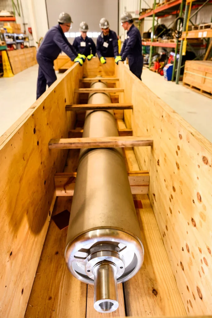 Full scale canister mockup shown in shipping crate, with work crew visible in the background.